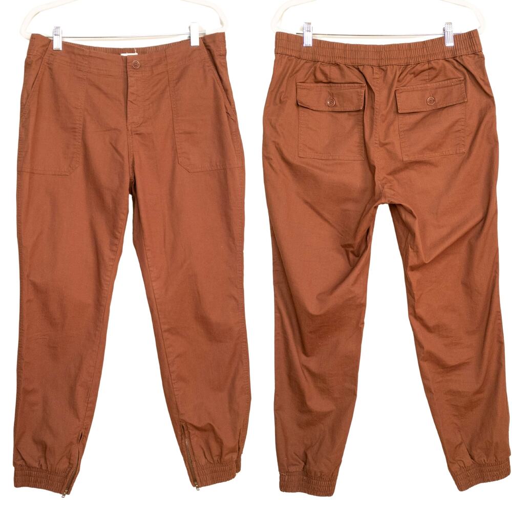 PACT Woven Twill Utility Jogger Pants Brown Elastic Waist Zip Cuff Women's Large